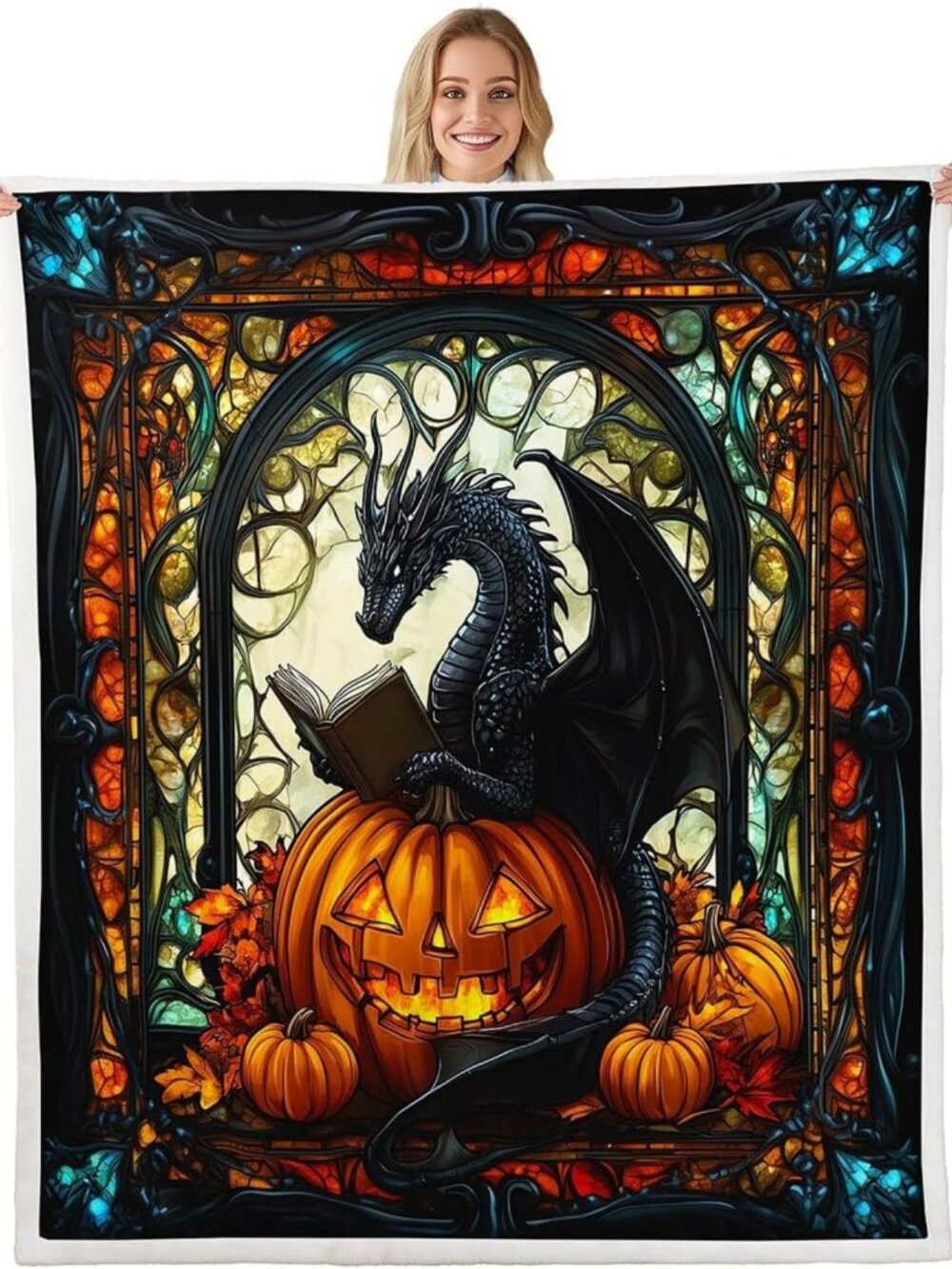 Cozy Black Dragon Kids Throw Blanket, Autumn Pumpkin Maple Leaf, Fuzzy Queen
